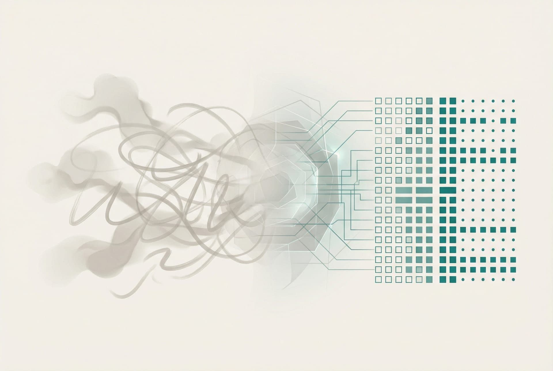 Conceptual illustration showing the transformation from ambiguous natural language to clean structured binary decisions