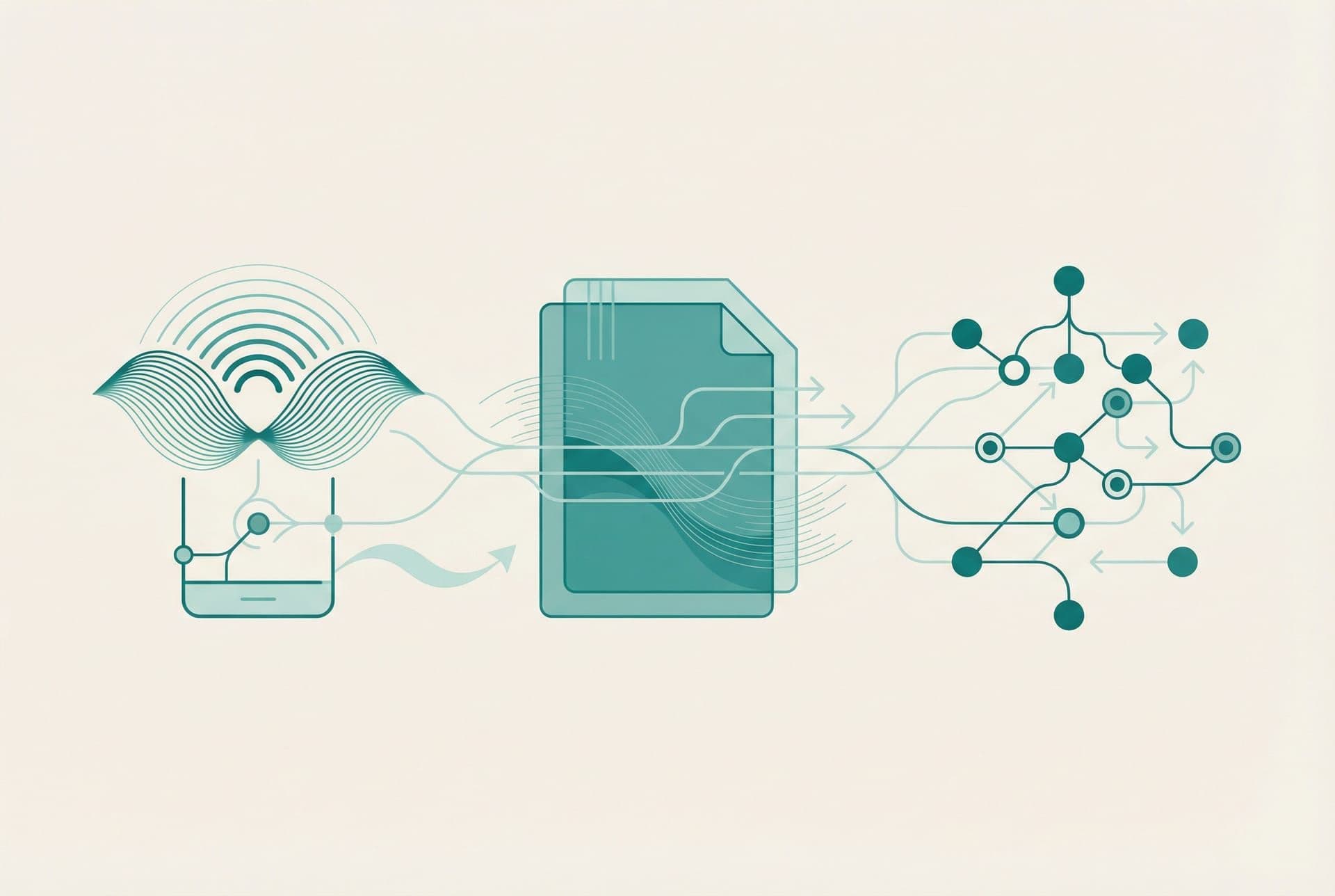 Illustration of three AI system types: voice automation, document processing, and data routing