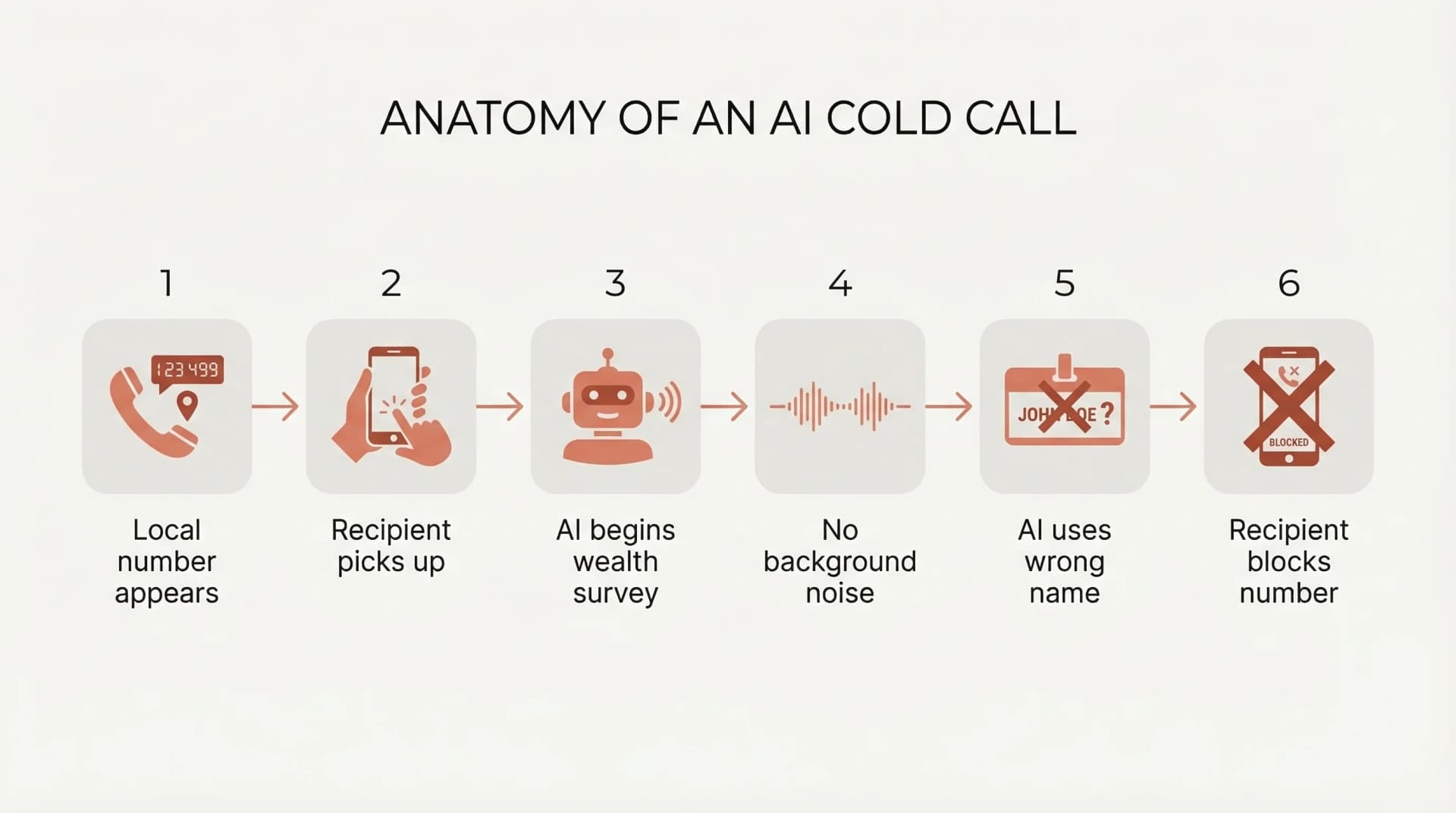 Flow diagram showing the anatomy of a deceptive AI cold call: local number spoofing, no disclosure, wrong name, recipient blocks