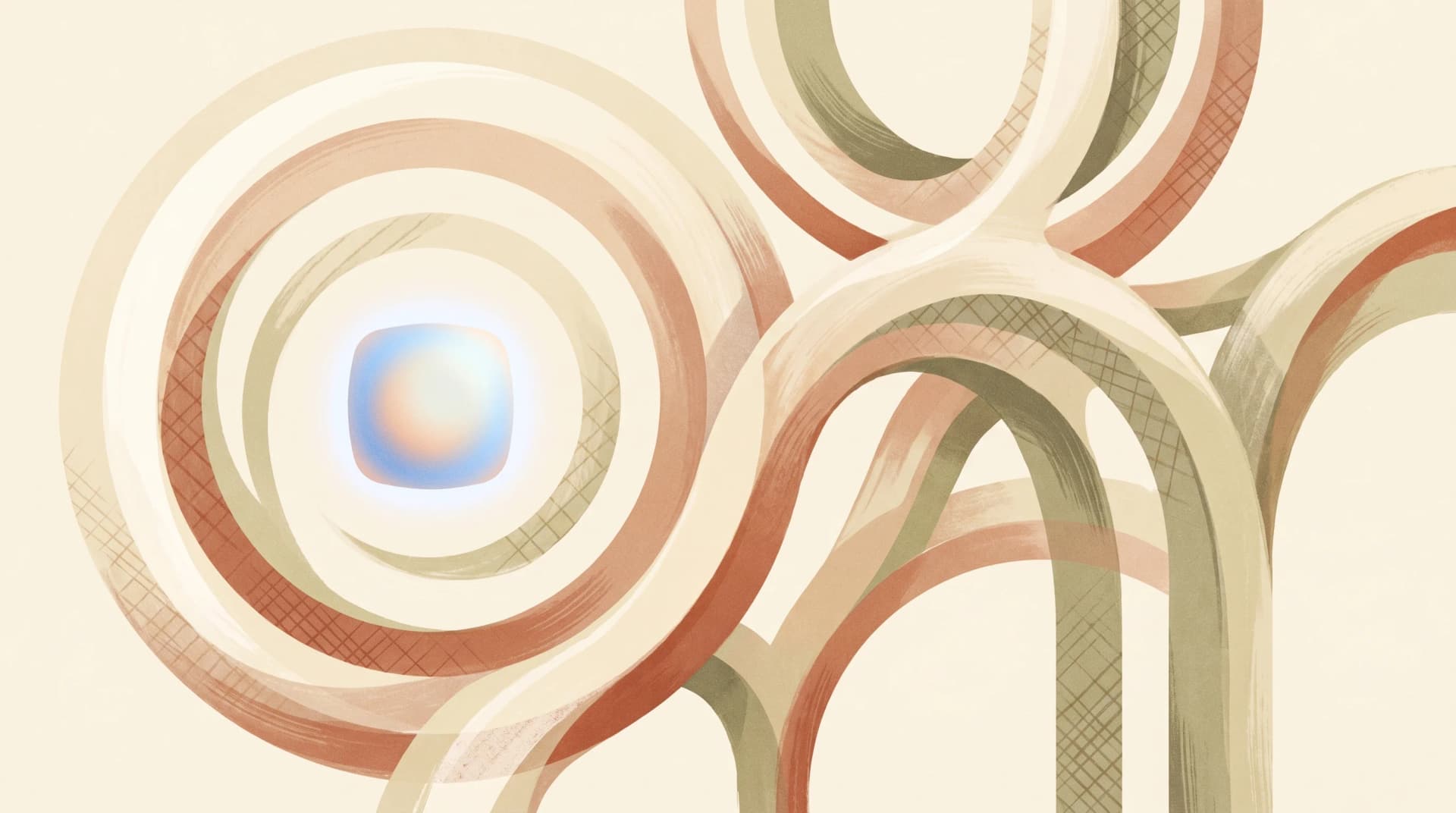 Editorial illustration showing a small bright AI technology core supported by a much larger surrounding structure of data, process, training, and governance scaffolding