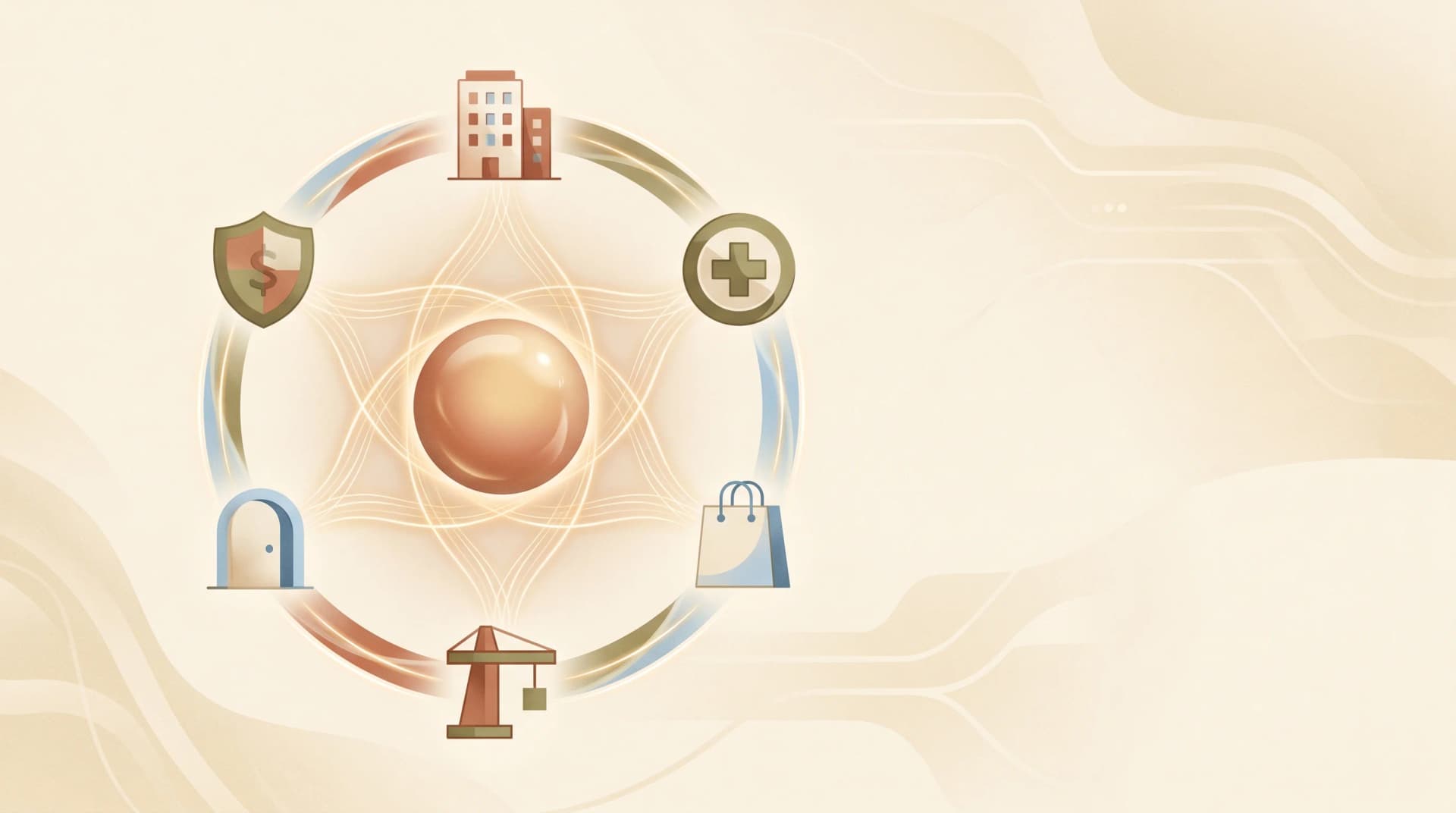 Editorial illustration showing six sector vignettes connected by gentle luminous threads representing AI adoption across NZ industries