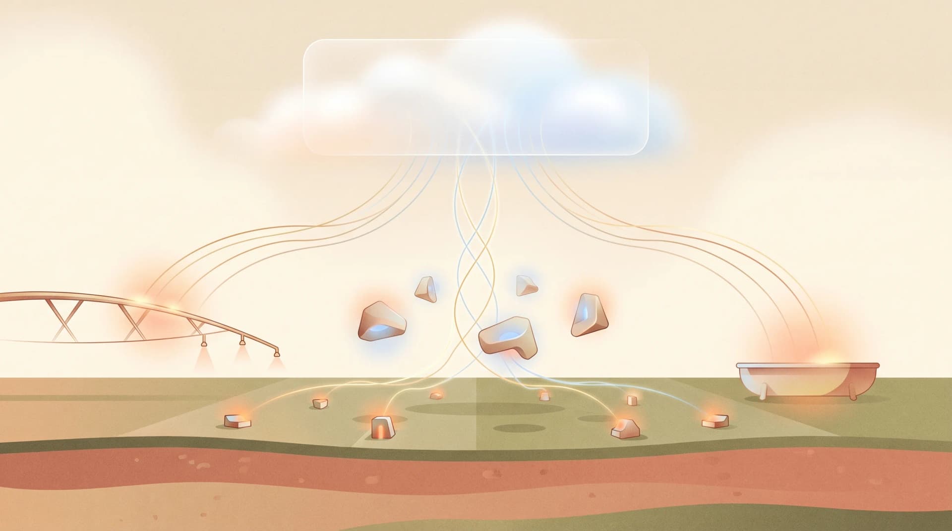 Editorial illustration showing an edge-to-cloud agricultural AI loop with field sensors feeding data up through edge devices into cloud-based recommendations flowing back to irrigation and feeding actuators