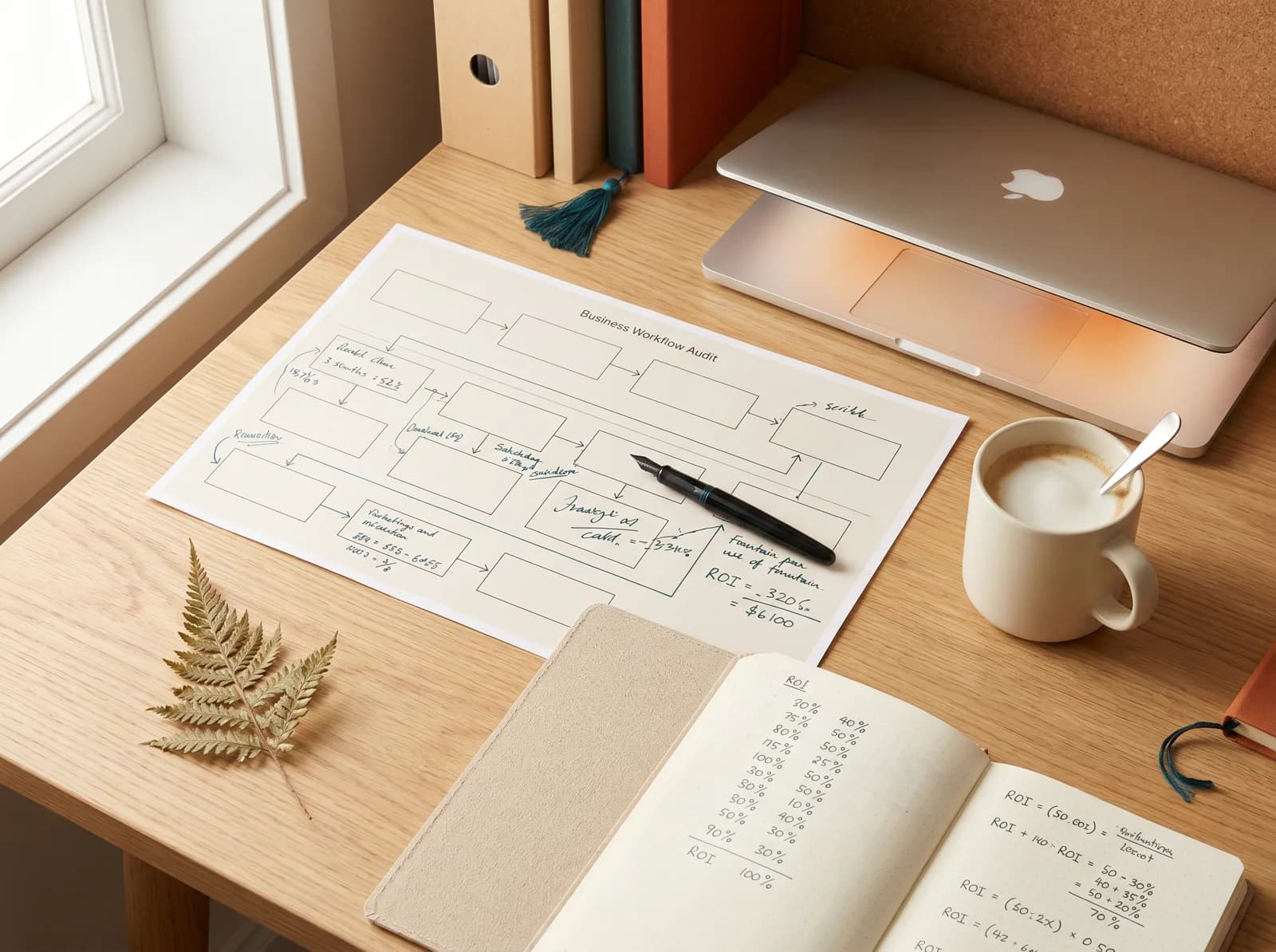 Workflow diagrams, notes, and an ROI model laid out during an AI Readiness Audit