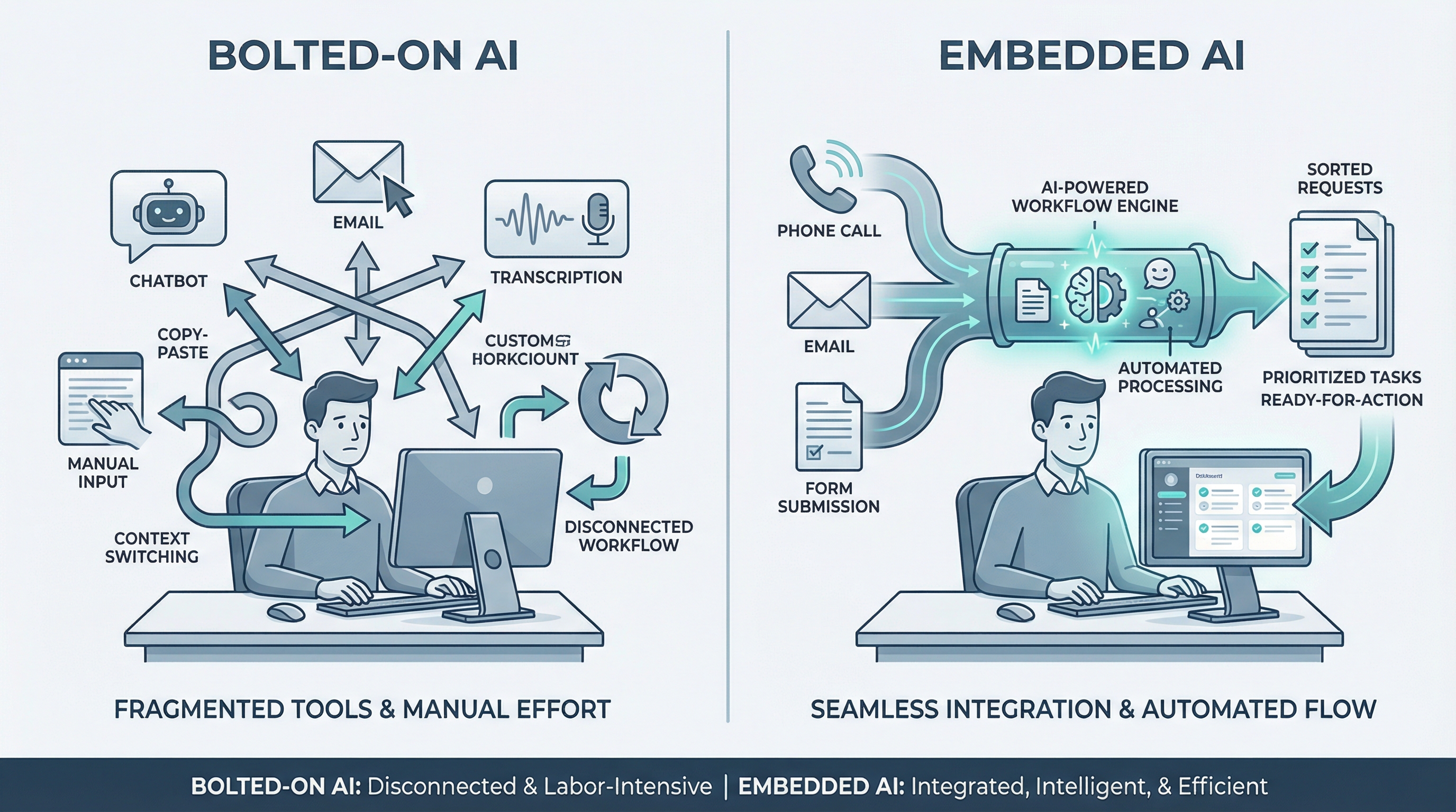 Diagram comparing bolted-on AI tools that add work alongside existing systems versus embedded AI that intercepts work inside the workflow