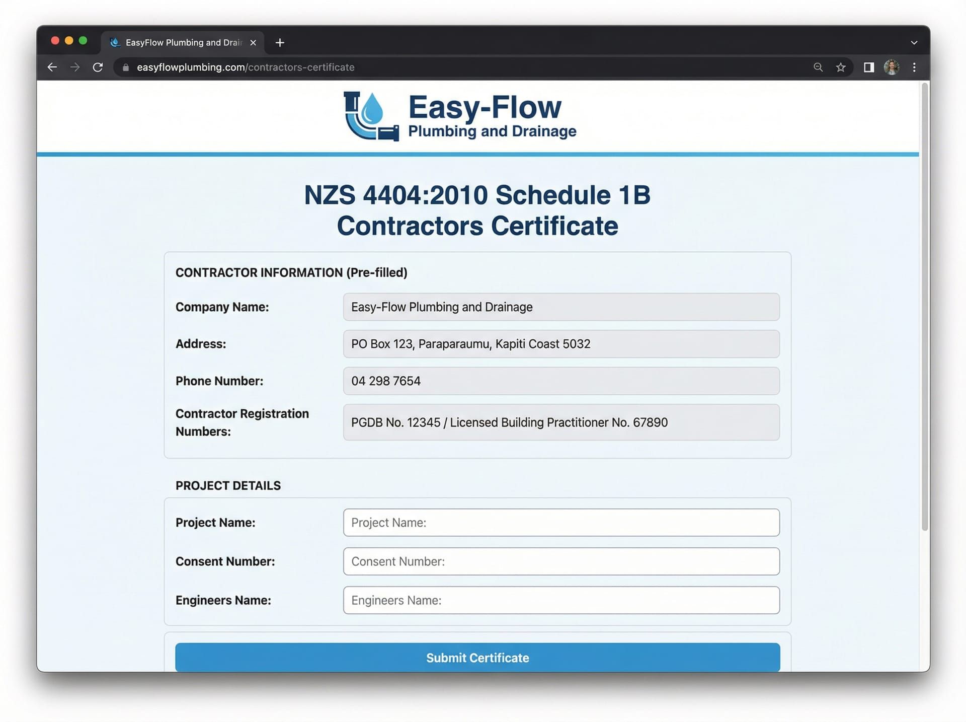 Easy-Flow branded NZS 4404 Schedule 1B digital form with pre-filled contractor details