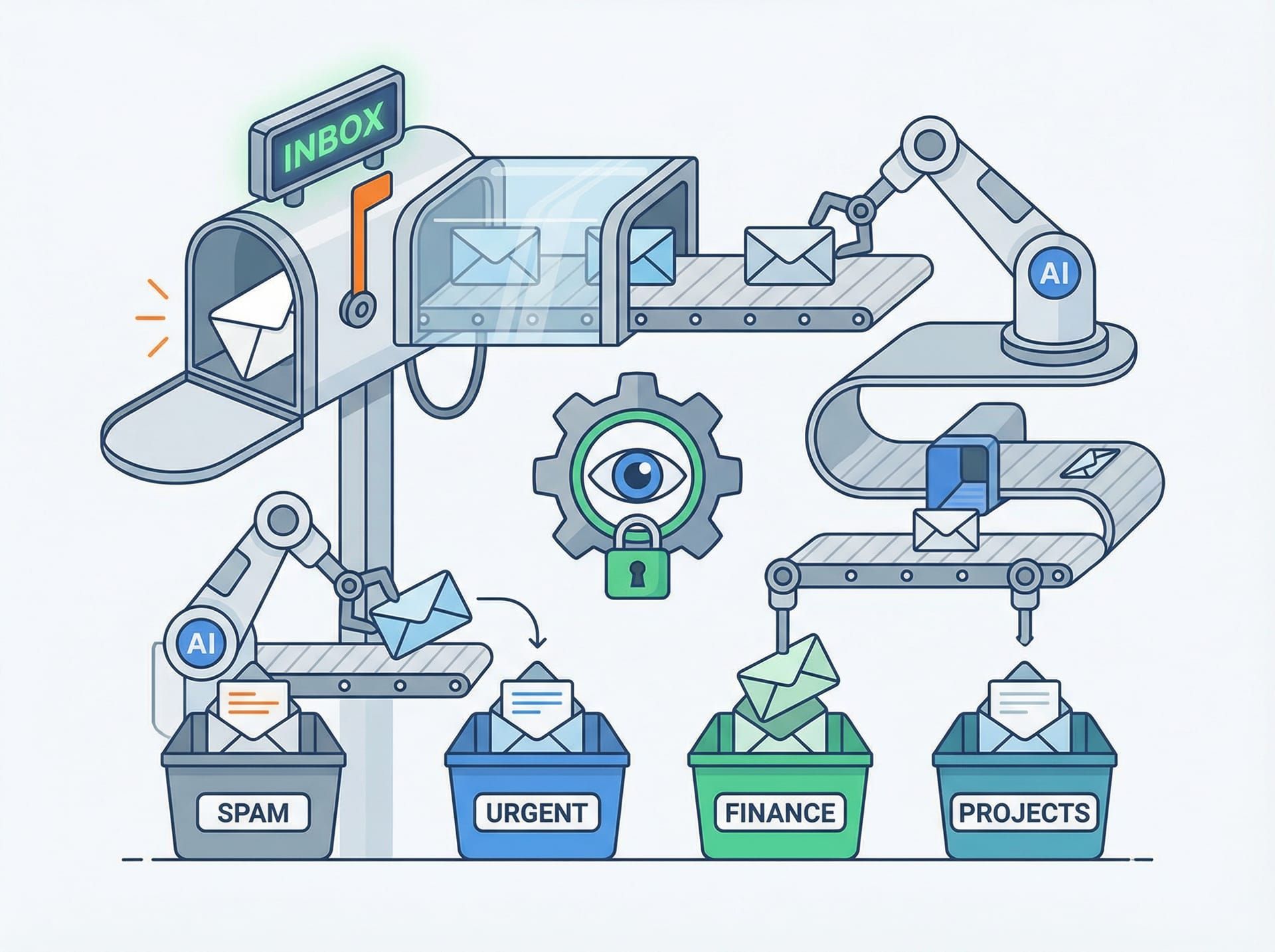 Conceptual illustration of automated email monitoring and processing system