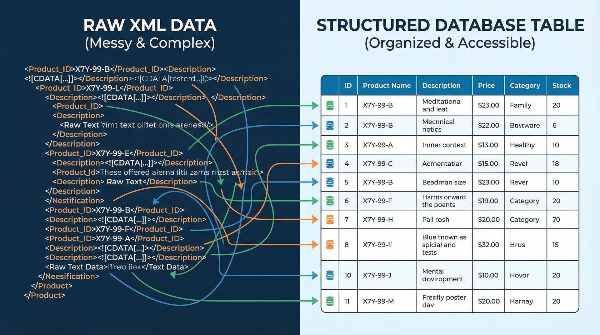 Before and after comparison of raw XML data transformed into structured database records