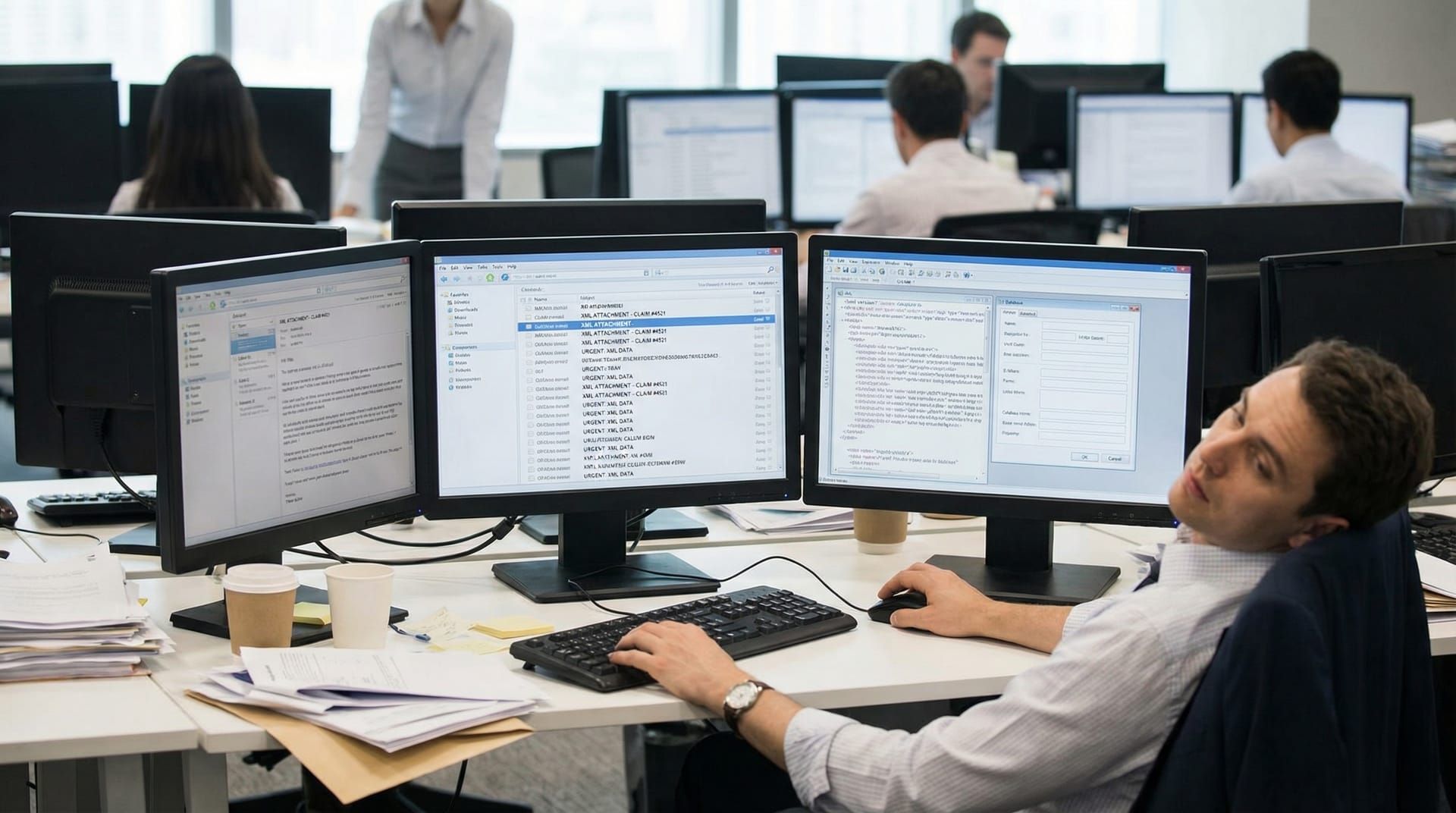 Insurance claims processor manually entering data from XML email attachments into database